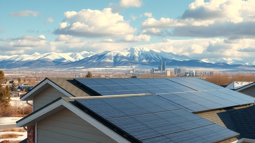 Modern Denver home with solar roofing and mountains in background