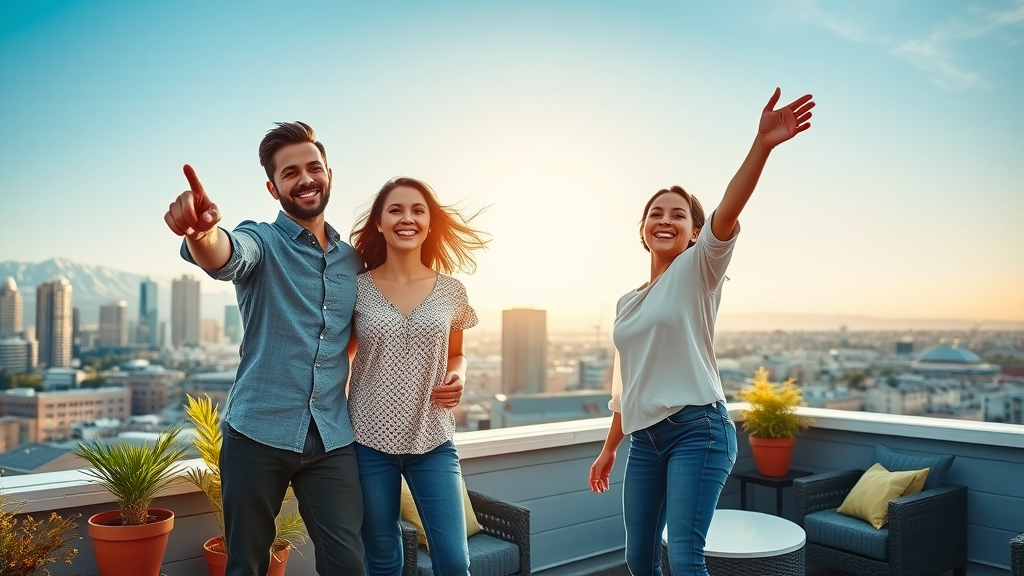 Denver family enjoying solar roofing and city-mountain view from rooftop
