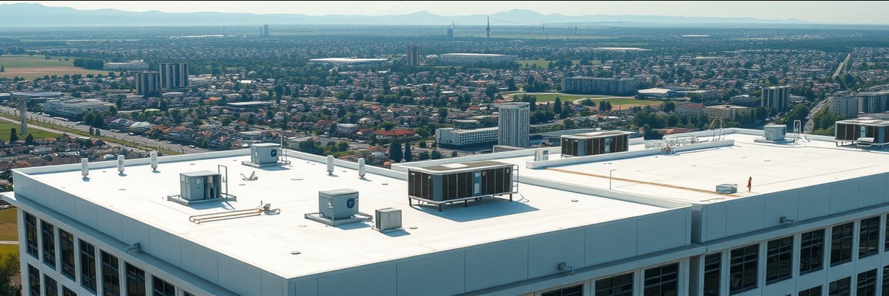 Modern city buildings with flat and single-ply roof systems and equipment.