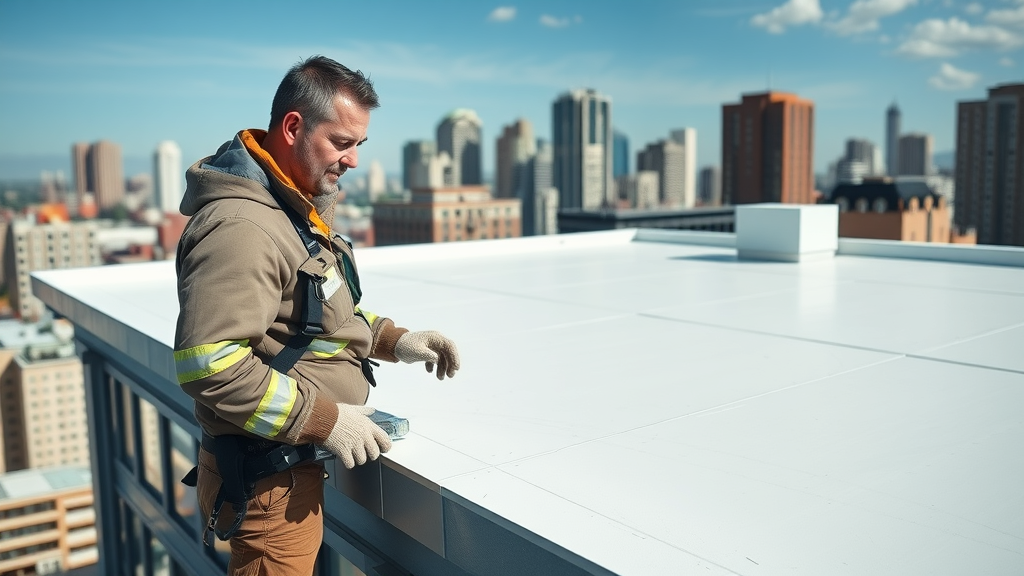 Expert inspects single-ply flat roofing system on office building rooftop