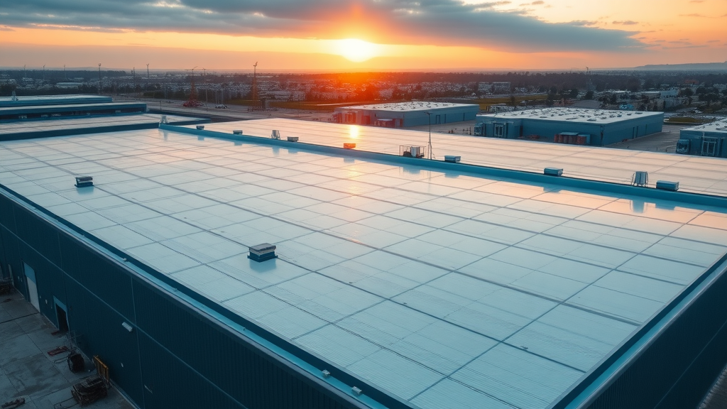 Flat single-ply roof system on warehouse glows in sunrise, boosting efficiency