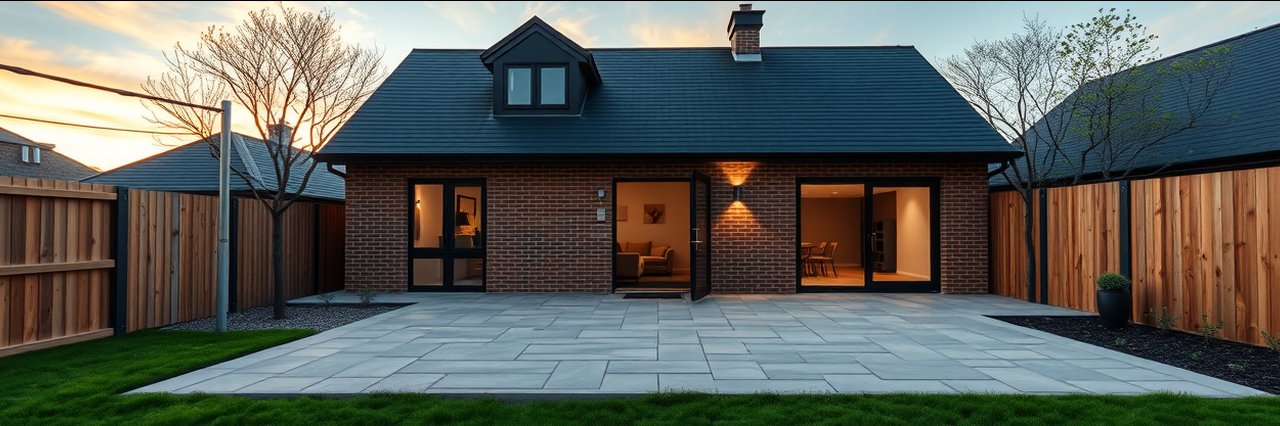 Modern home with wooden fencing and open paver patio design at sunset.