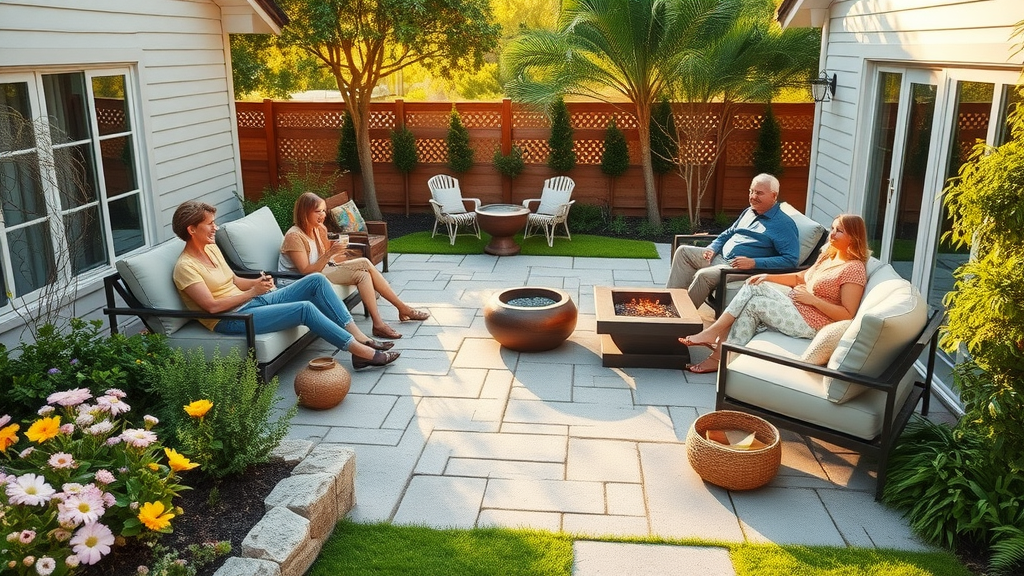 Modern paver patio design with family relaxing, lush garden, and fire pit