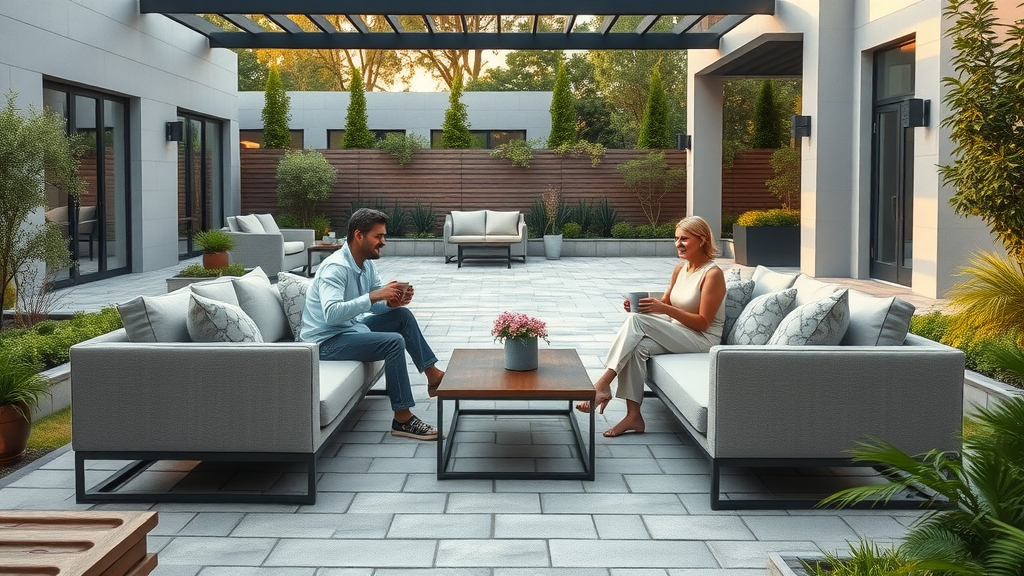 Elegant paver patio design with couple under pergola and stylish garden setting