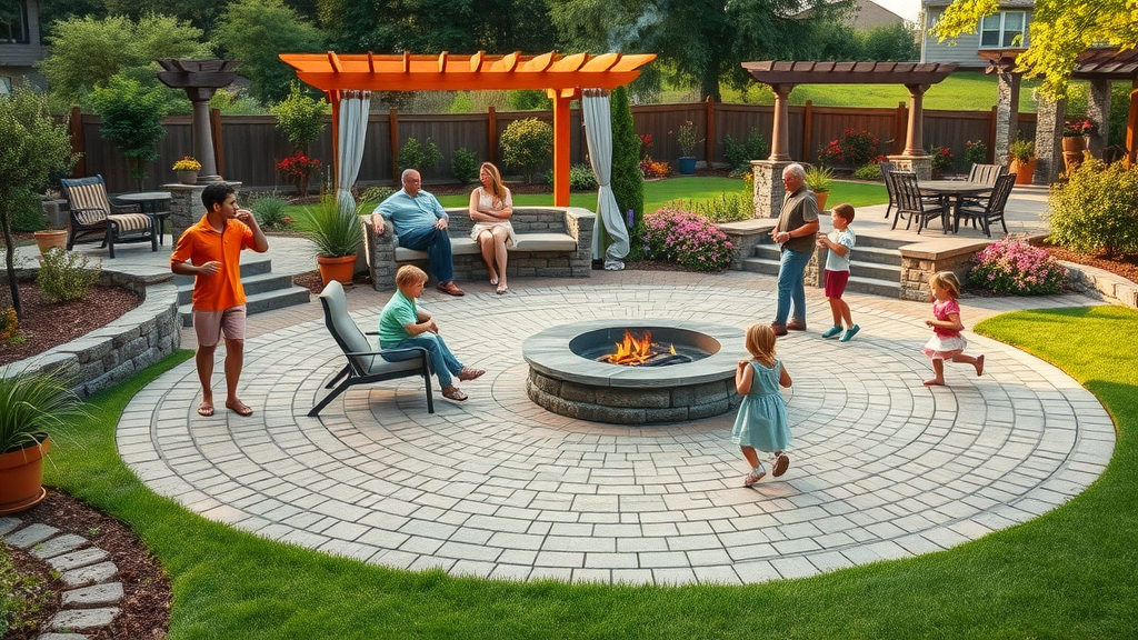 Circular paver patio design with fire pit, family, and lush garden in backyard