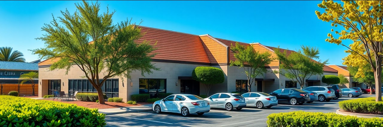 Modern office with tan roof and parked cars for solar roofing services in Clemmons, NC