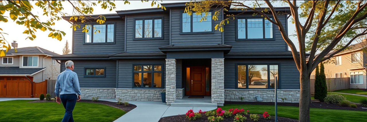 Modern exterior home remodeling with stone and wood siding at golden hour.