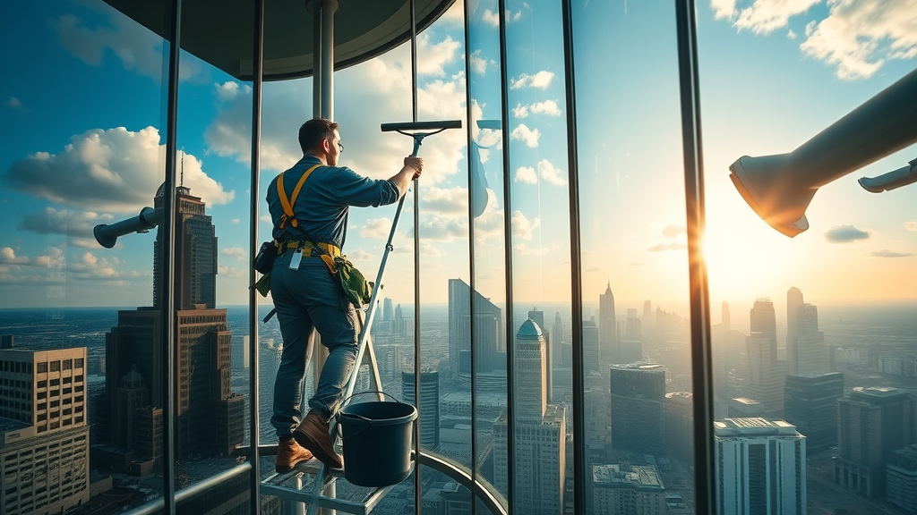 Professional technician cleaning downtown Fort Worth, TX office building windows