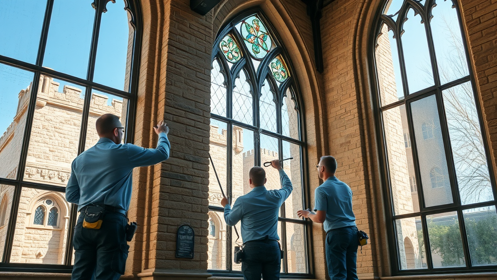 Fort Worth, TX window cleaners skillfully washing historic church windows