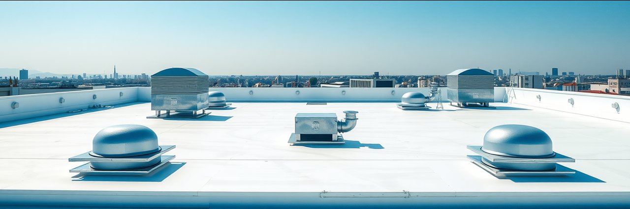 Modern flat white roof with vents for residential roof installation in San Diego, CA.