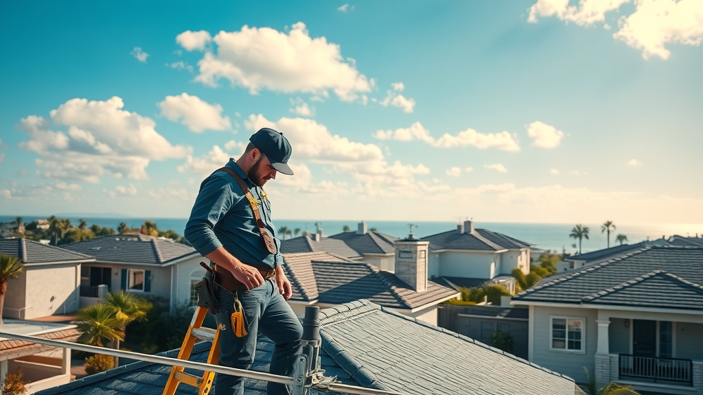 Professional residential roof installation in San Diego neighborhood under clear skies