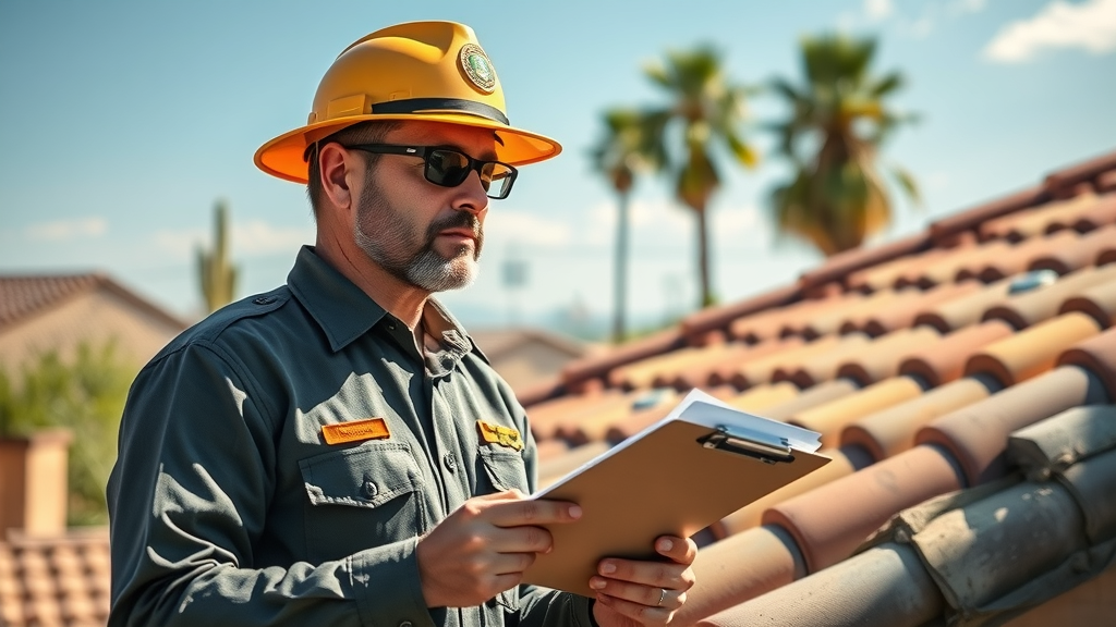Roof inspection Phoenix, AZ professional checking a tile roof in sunlit Arizona.