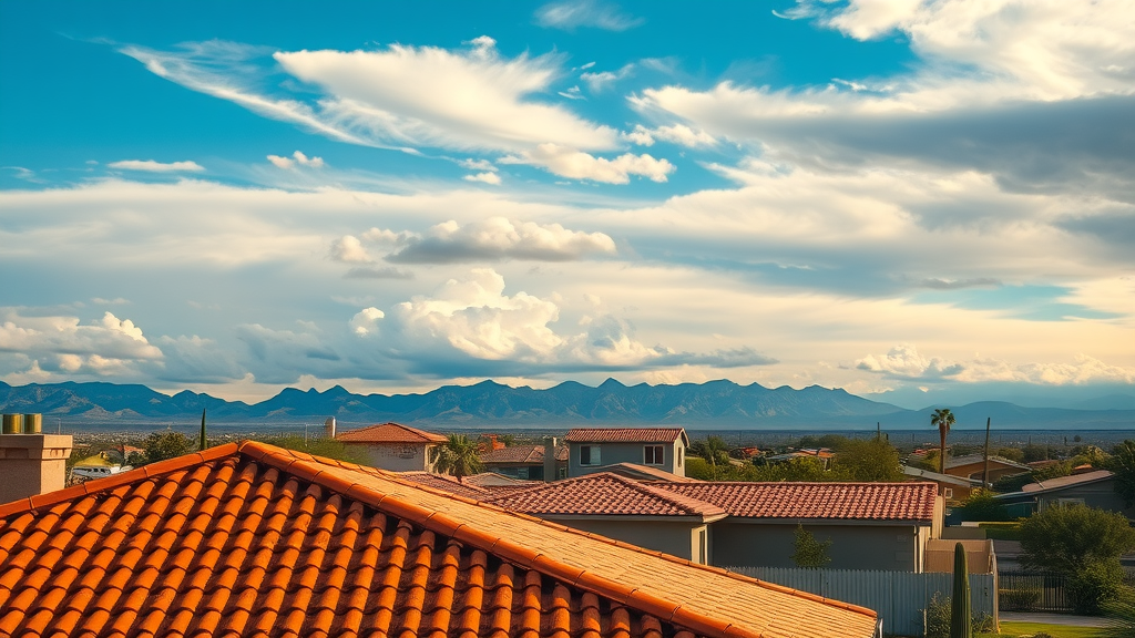 Sunlit Phoenix AZ roof inspection showing tile roof and Arizona landscape.