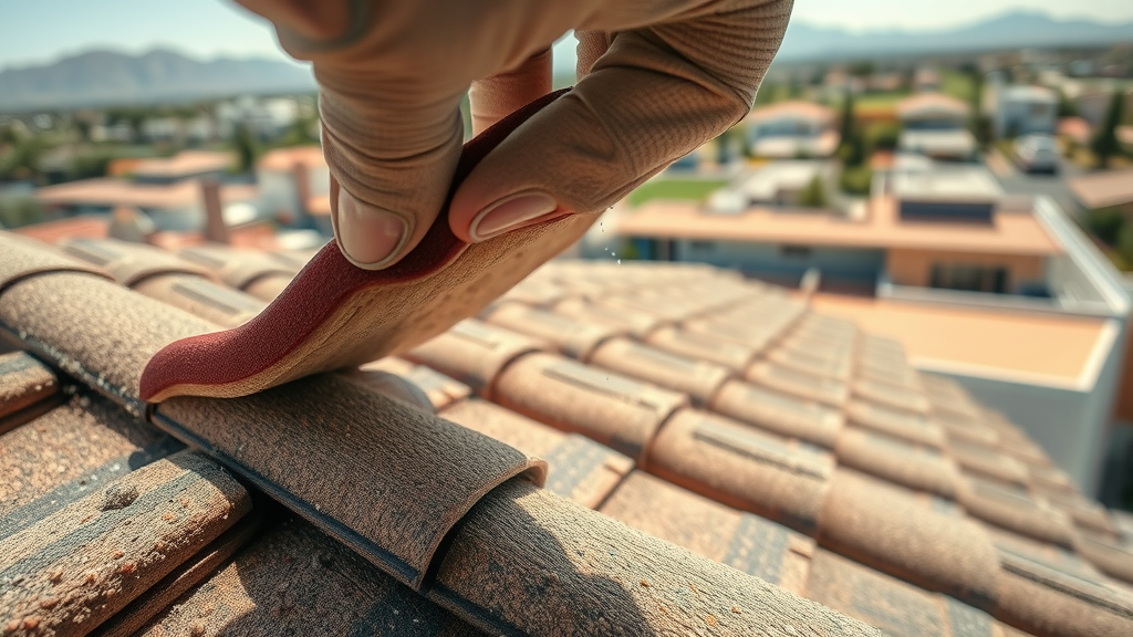 Closeup of Phoenix roof inspection revealing details of underlayment and tiles.