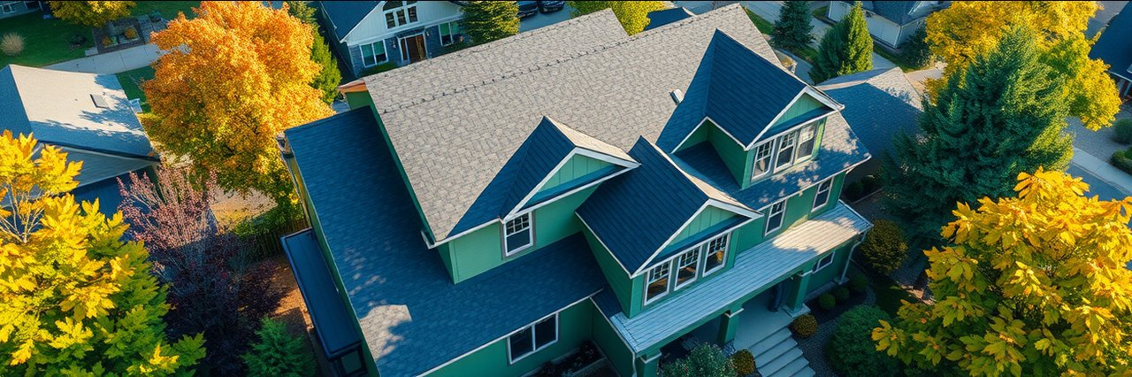 Modern residential roof with dark shingles in fall near Wake Forest NC