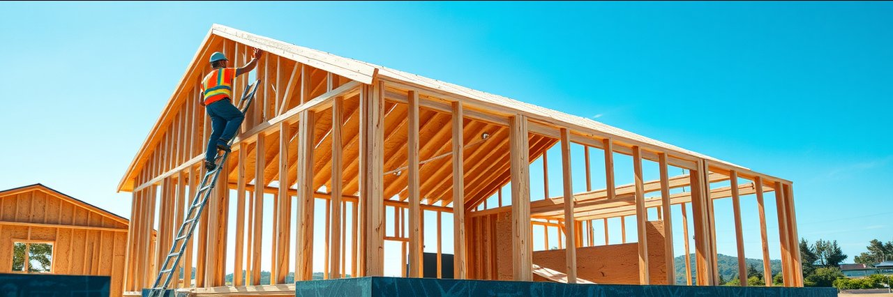 Wood-framed house under roof repair in Los Gatos, CA with worker and ladder