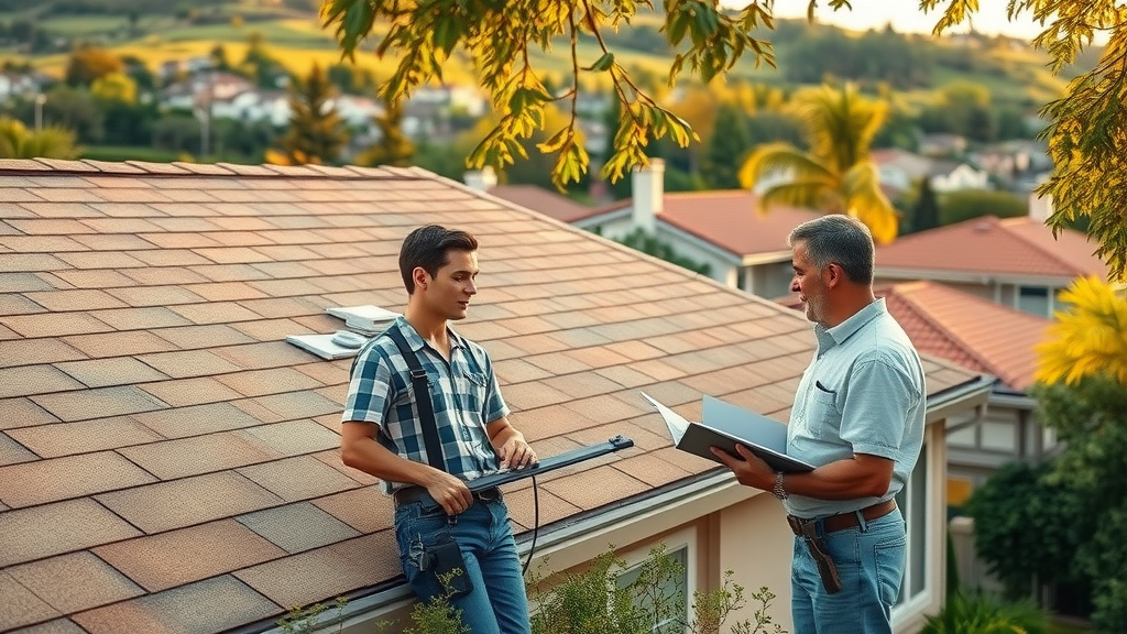 Professional inspecting roof repair in Los Gatos, CA on suburban home