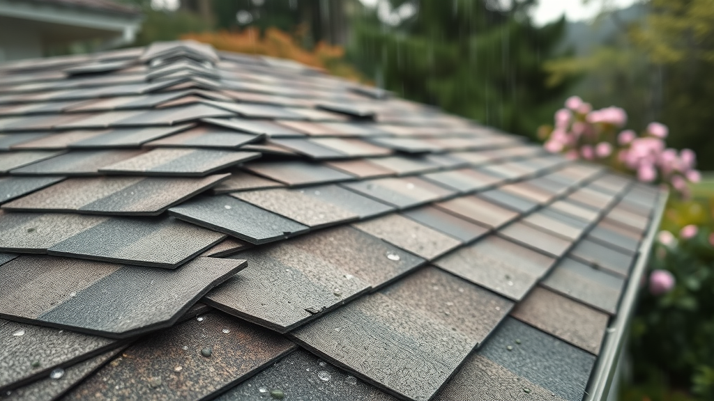 Damaged shingles needing roof repair after rain in Los Gatos, CA
