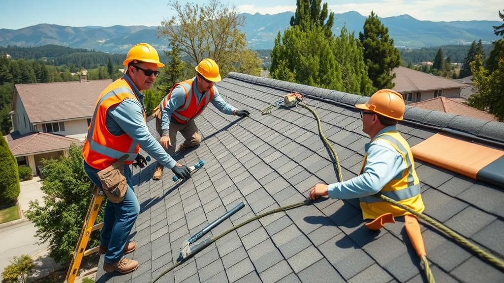 Roof repair crew working efficiently on Los Gatos, CA home