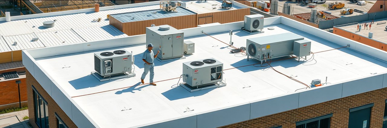 Flat commercial roofing services Goshen, IN - worker inspecting white rooftop