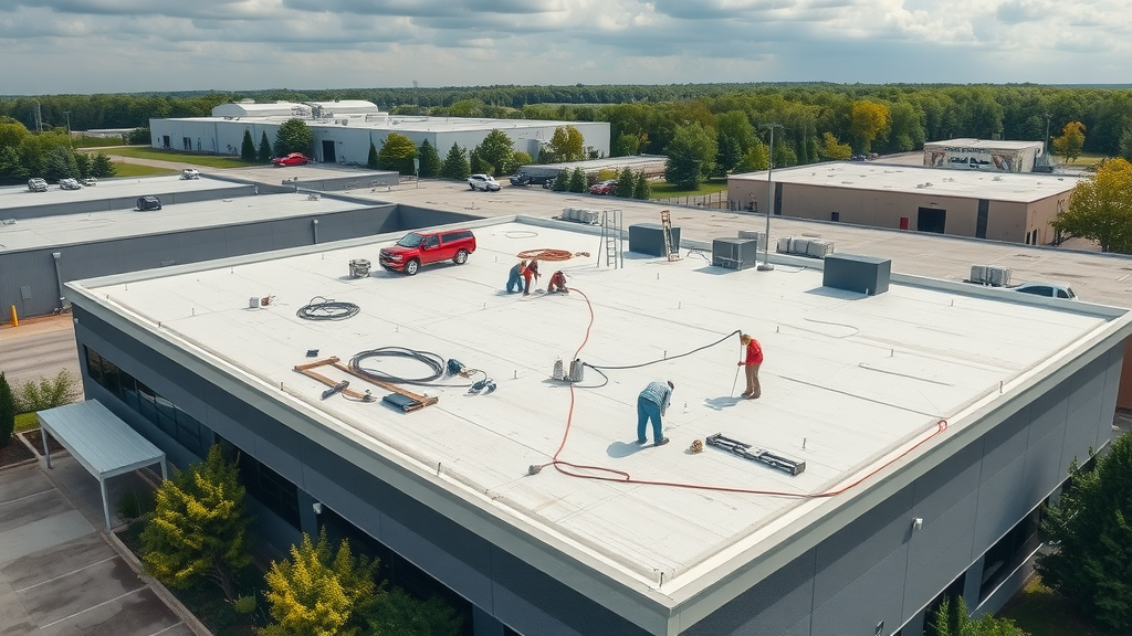 Flat commercial roofing repair crew fixing leaks on a Goshen, IN business roof