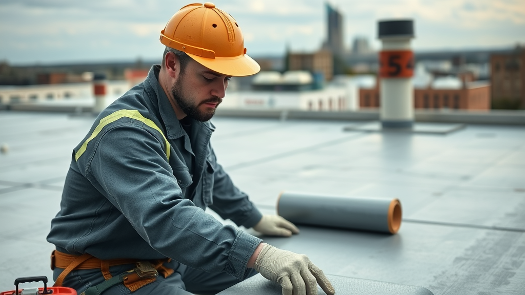 Professional applying membrane for flat commercial roofing services in Goshen, IN