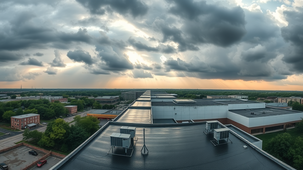 Flat commercial roofs in Goshen, IN after heavy rain, showing leak risks