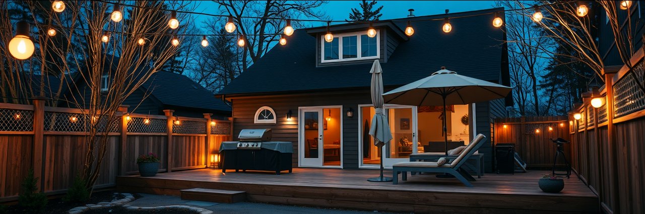Cozy deck patio lighting with glowing string lights illuminating a backyard deck at night.