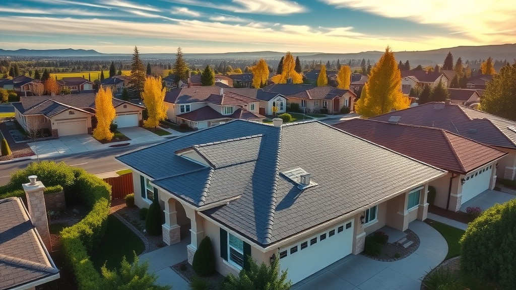 Aerial view of a complete new roof installation in Concord, CA neighborhood