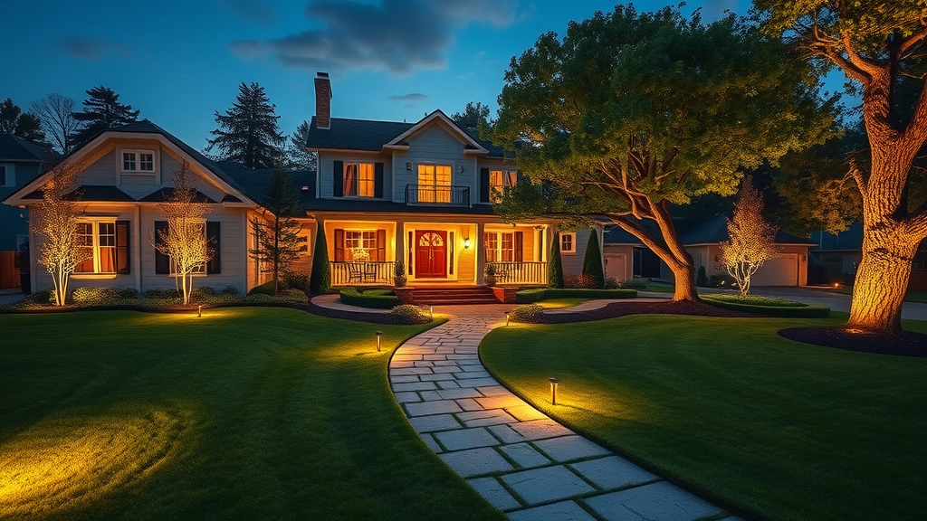 Elegant home illuminated by professional landscape lighting at dusk