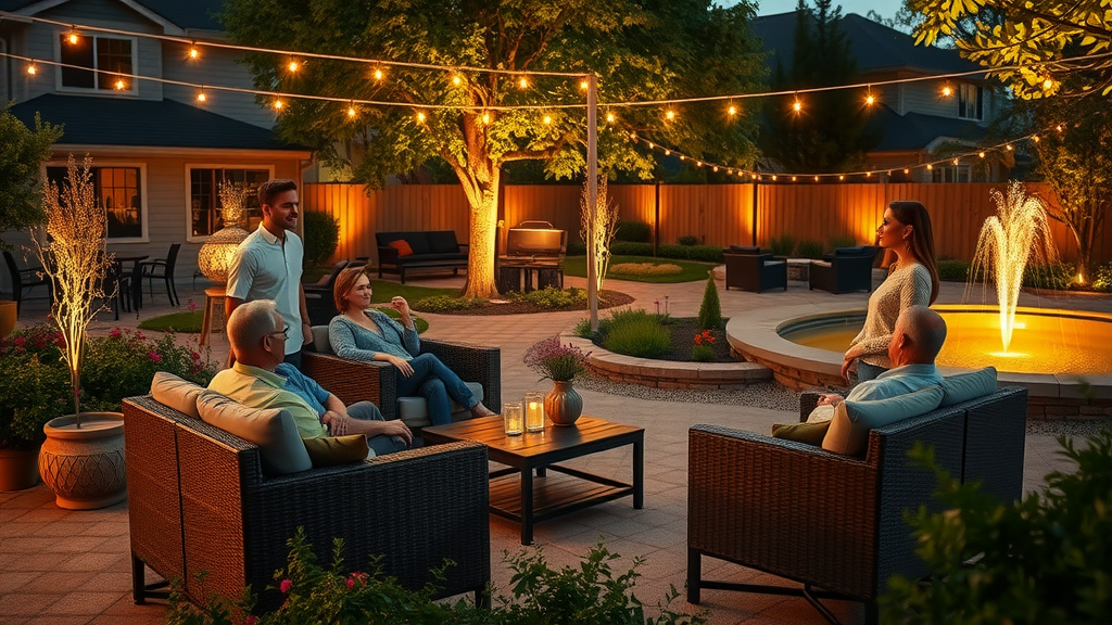 Backyard patio with professional landscape lighting enhancing outdoor living