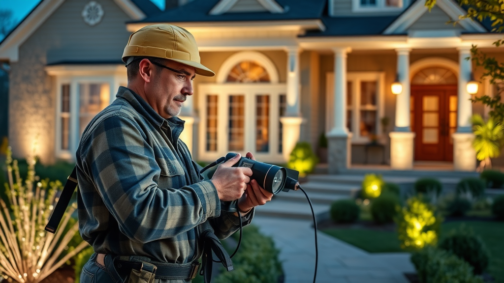 Technician installing professional landscape lighting along stylish home