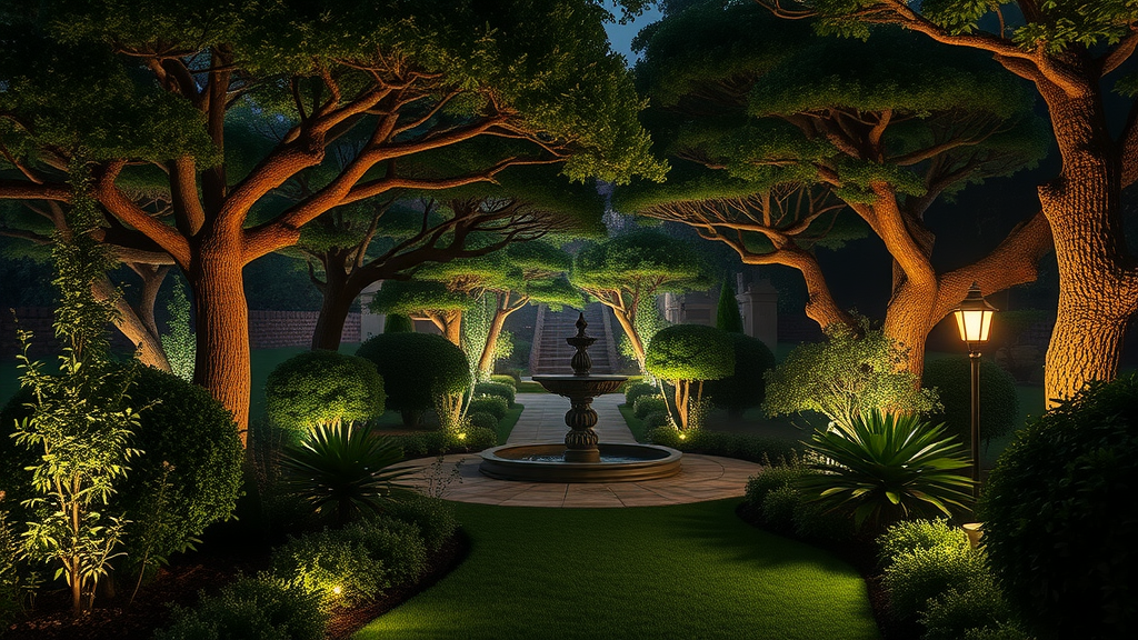 Night garden beautifully lit by professional landscape lighting