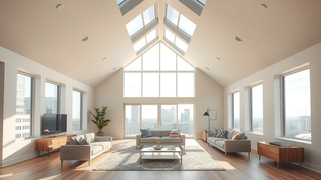 Modern Kansas City home with bright skylight installation and city view