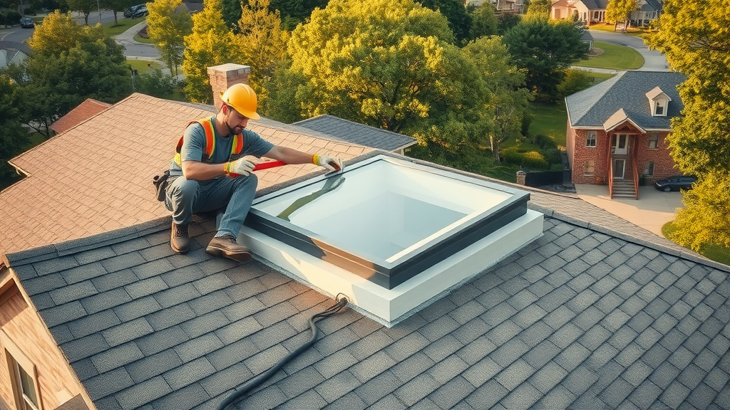 Roofer repairing a skylight atop a Kansas City suburban home roof