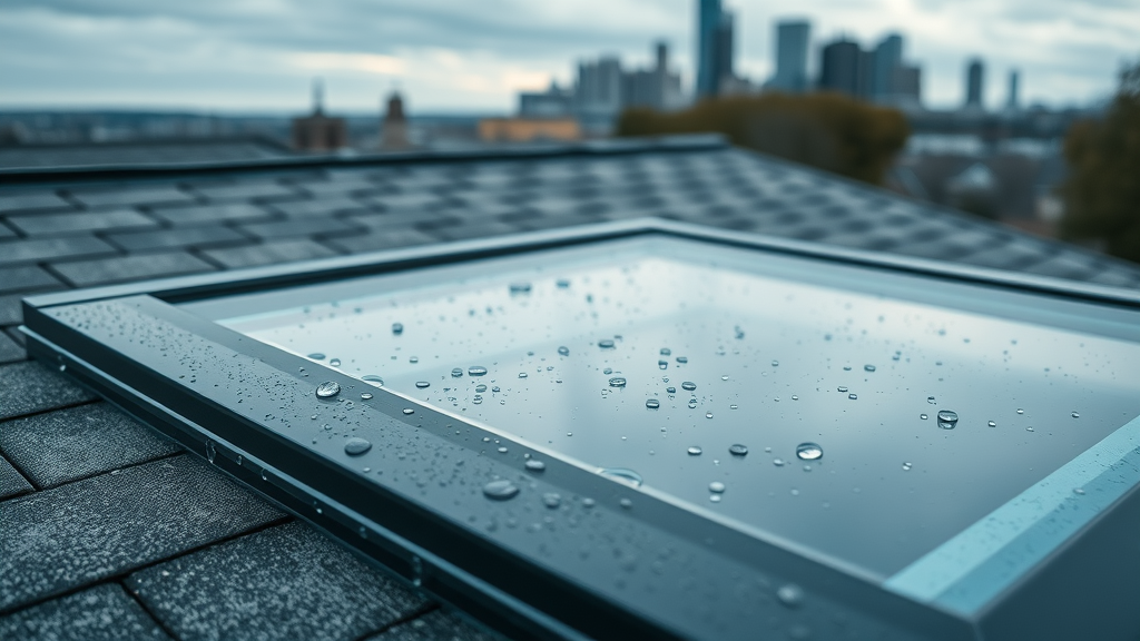 Weather-resistant skylight on Kansas City home roof with rain droplets