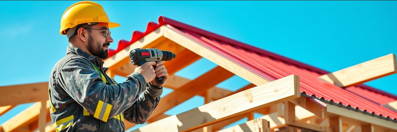 Indianapolis roofing services worker installing red metal roof with power drill.
