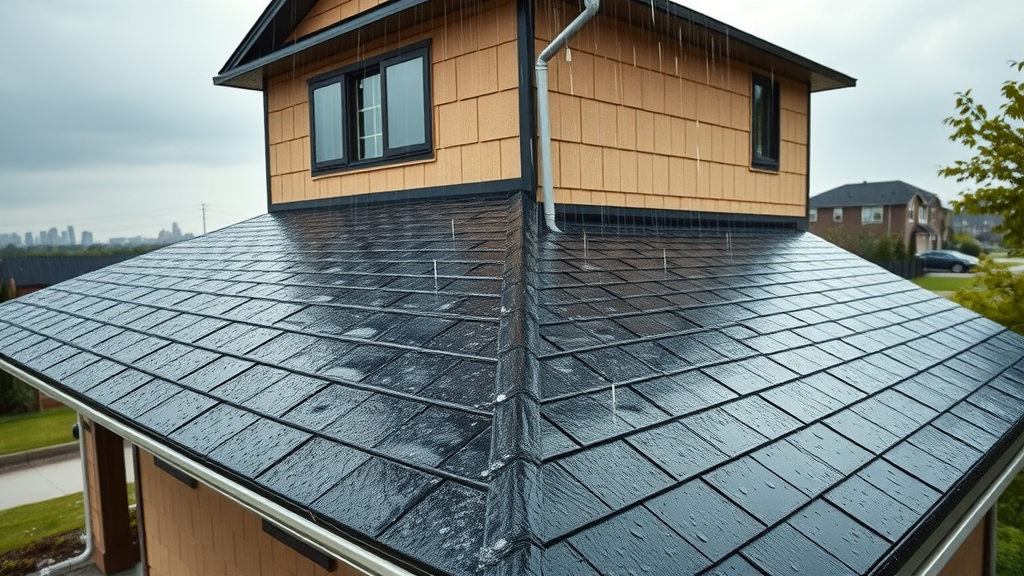 Indianapolis home with new roofing and gutters during heavy summer rain