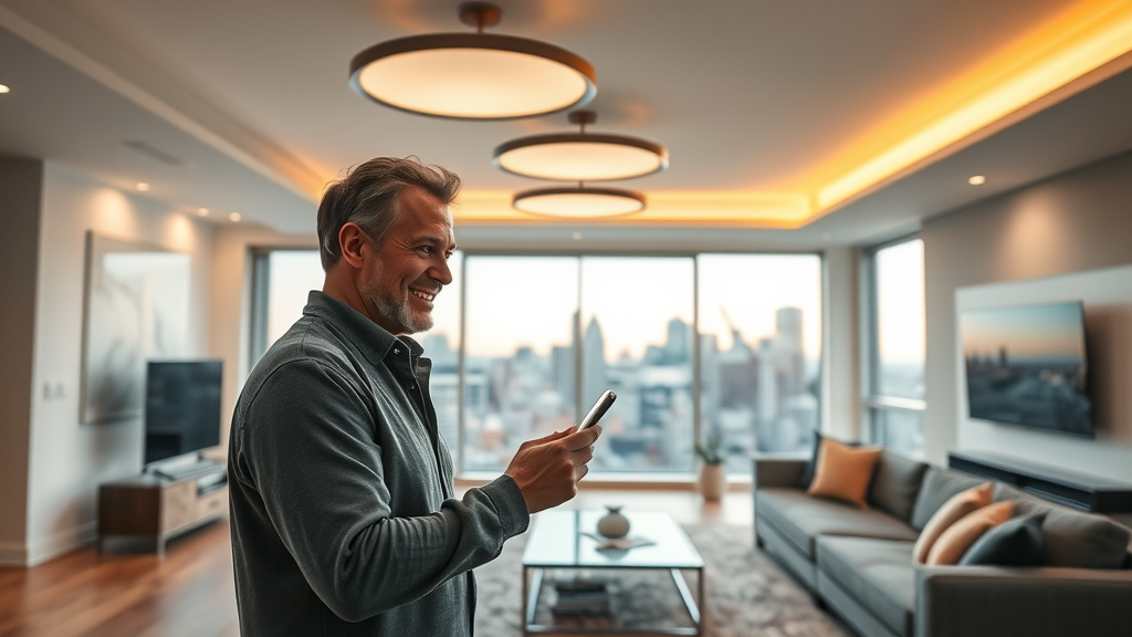 Homeowner controls smart lighting system in Austin living room for energy efficiency