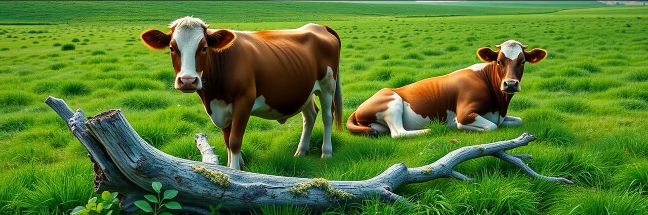 Two cows on green pasture behind tree branch, rural farmland near Oklahoma City.