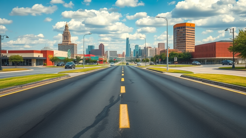 Smooth new asphalt road in Oklahoma City with clear urban background