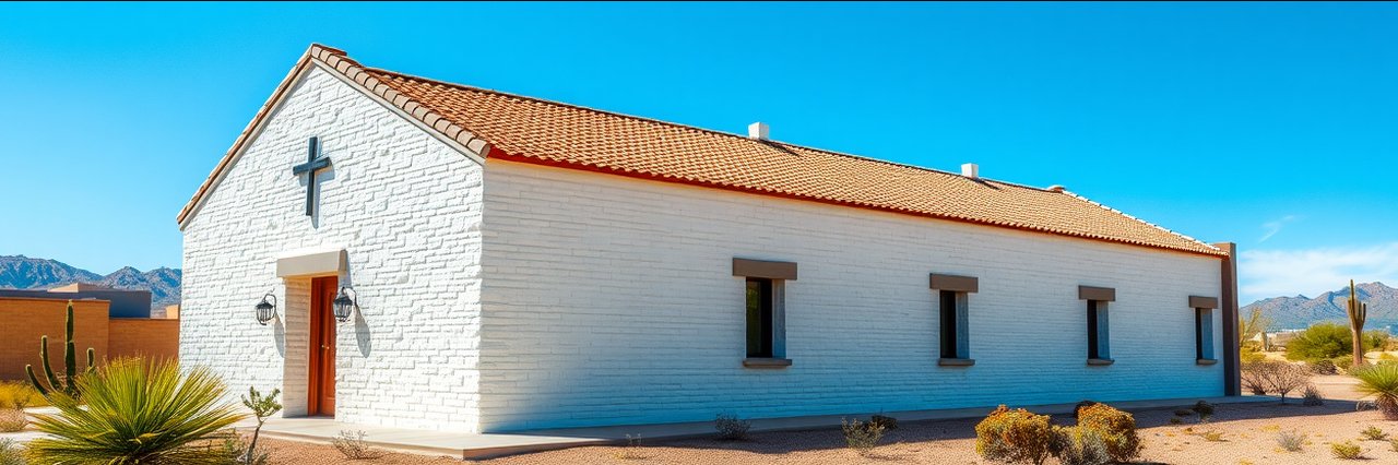 Southwestern church roof with terracotta tiles, ideal for storm roof damage specialists in Tucson, AZ.