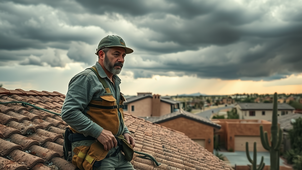 Storm roof damage specialist inspects Tucson rooftop after monsoon storm.