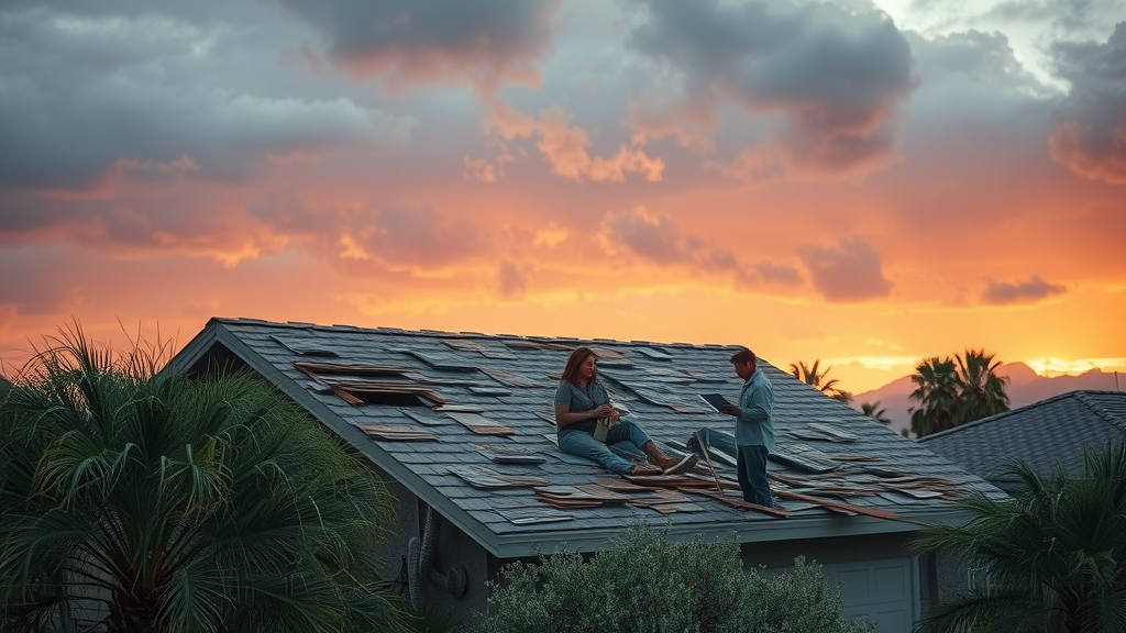 Roof experts assess storm damage in Tucson AZ monsoon-impacted neighborhood.