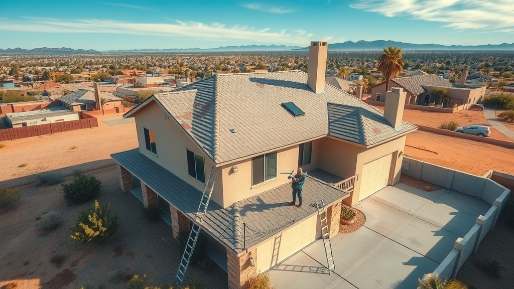 Storm damage specialist in Tucson uses drone for advanced roof inspection.