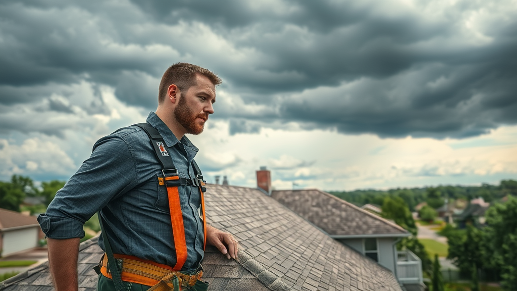 Tulsa roof expert inspects hail damaged roof after storm for prompt repair services.