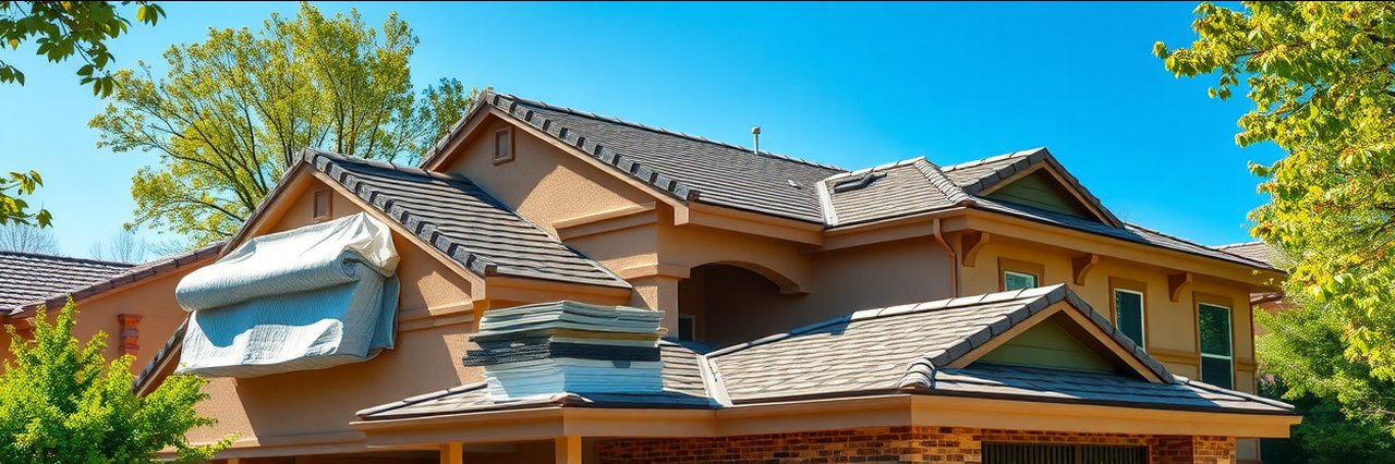 Storm damage restoration near Lakeland, FL with roof repair materials and exposed underlayment.