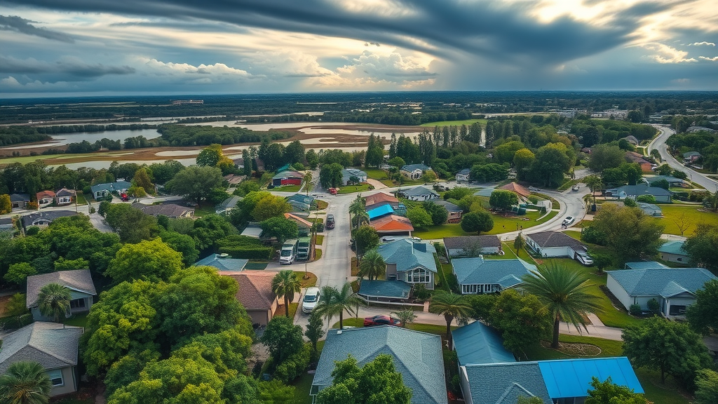 Aerial view of storm restoration near Lakeland, FL with recovery underway