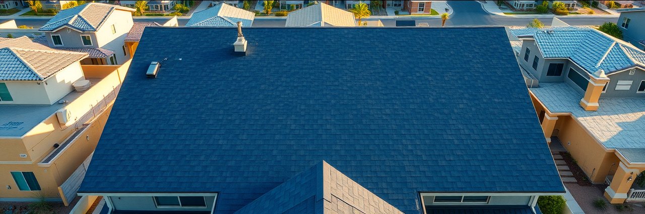 Overhead view of residential roof installation in Gilbert, AZ with new shingles.