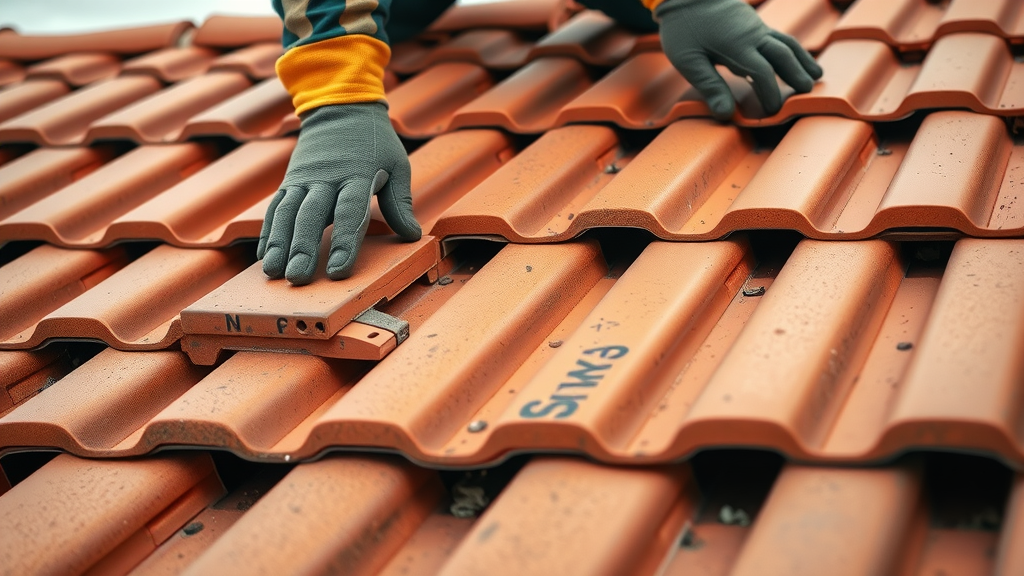 Close-up of quality roof installation in Gilbert AZ with new tiles and expert hands